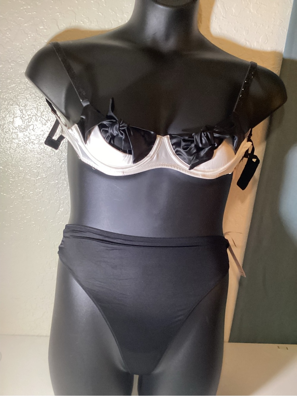 Victoria's Secret Black and Cream Satin Bra with Rosette Detail